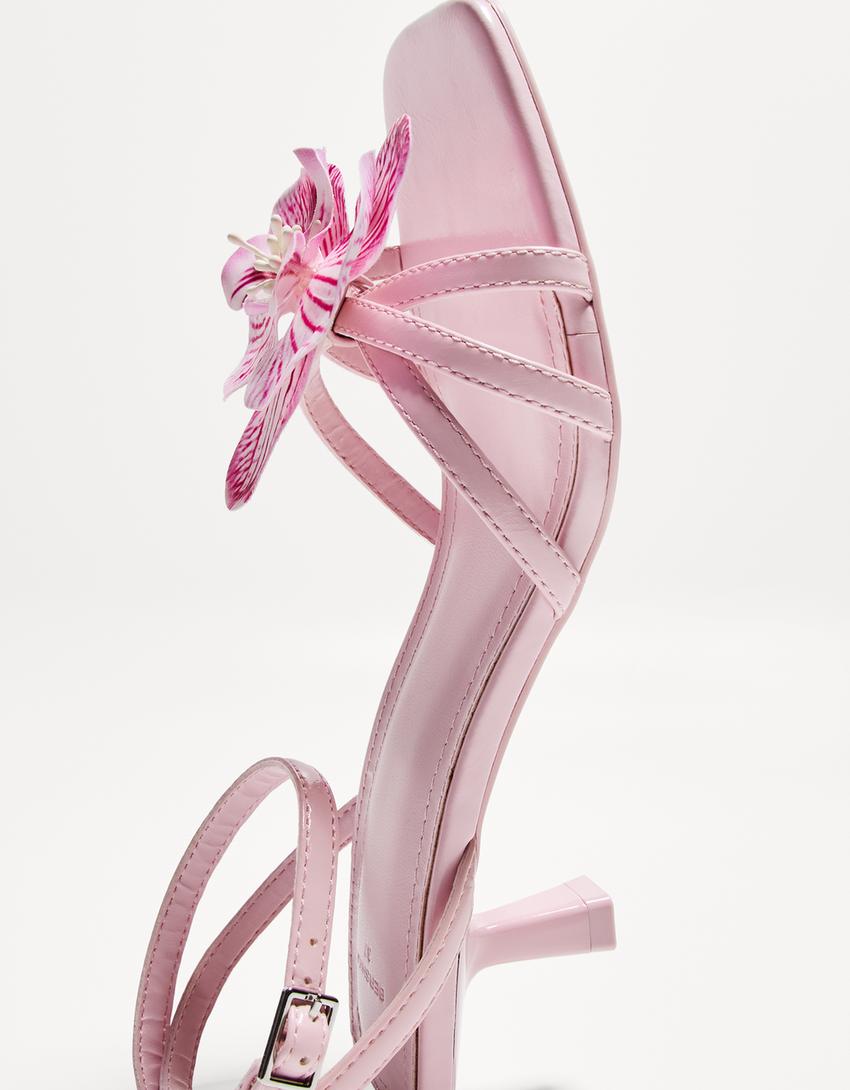 Kitten heel sandals with floral detail-PINK-1