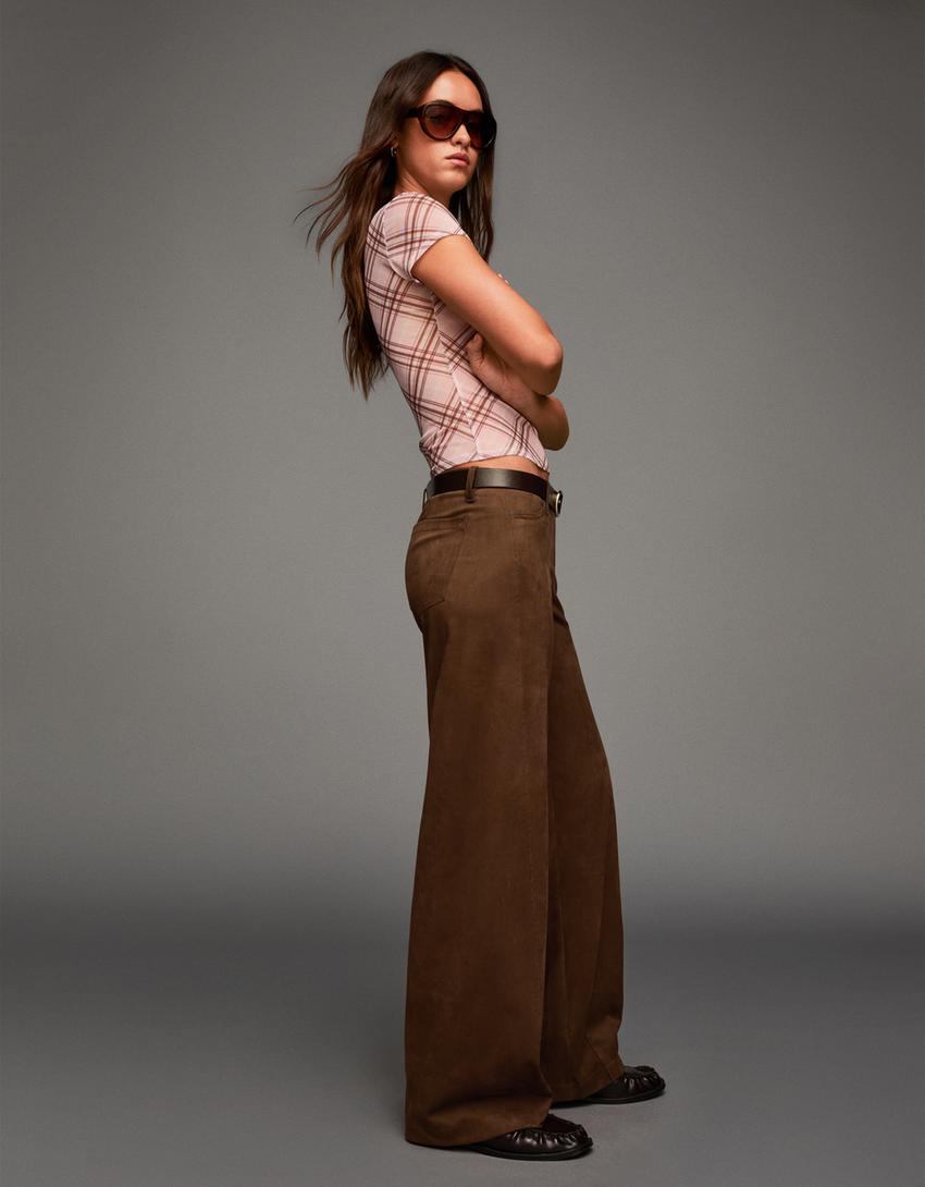 Wide leg broek van imitatiesuède-Bruin