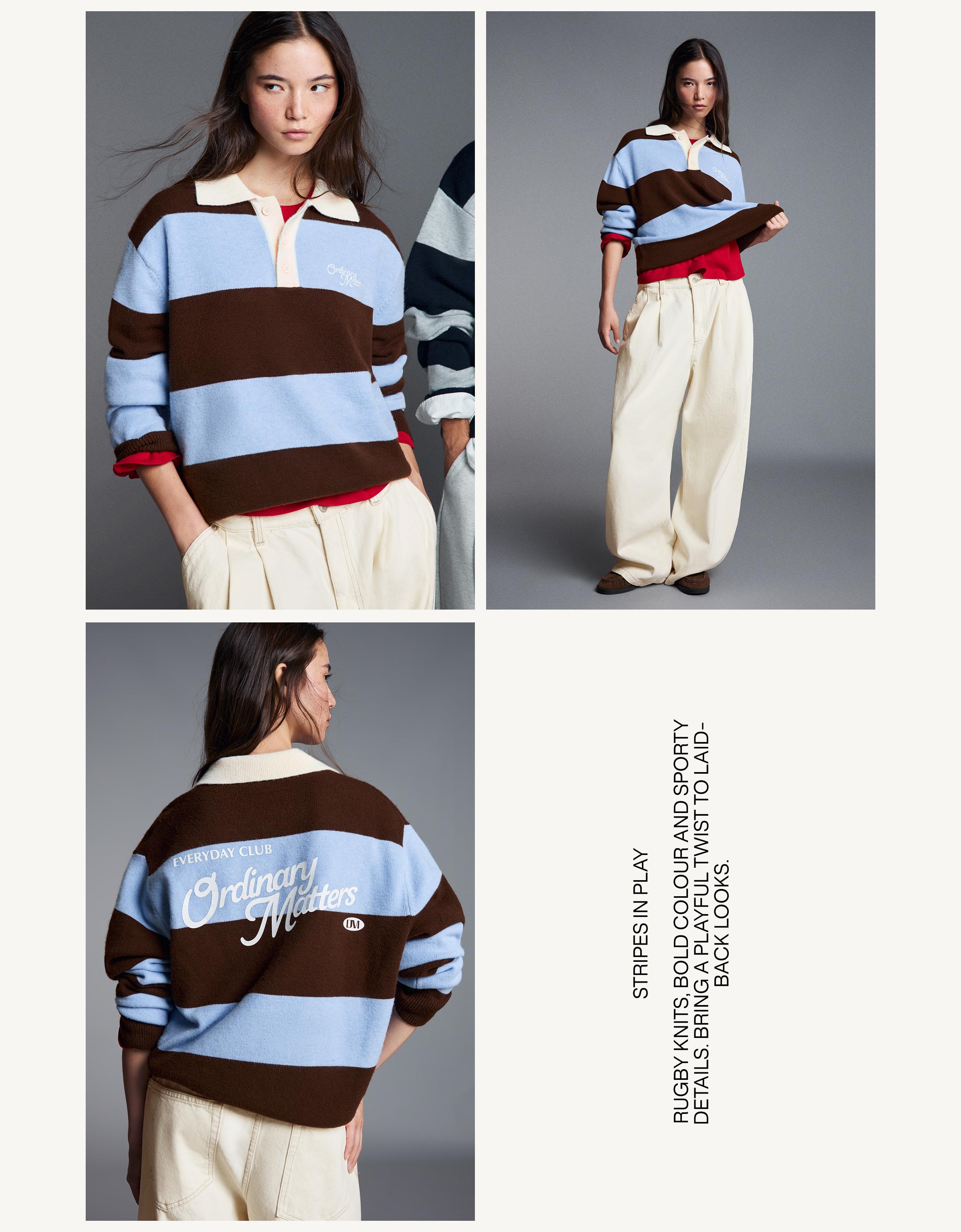 Contrast stripe polo collar jumper — Brown