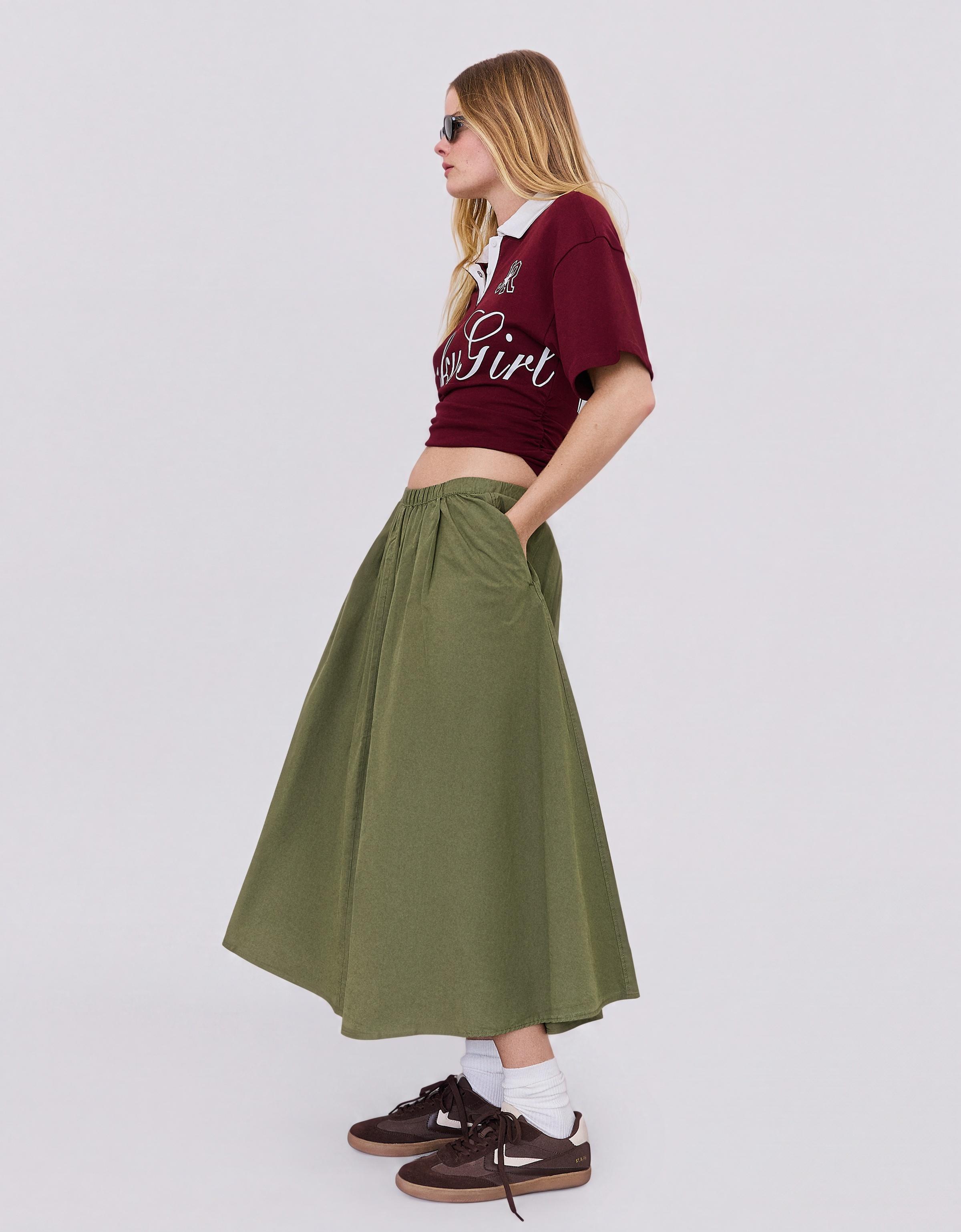 Elasticated waist midi skirt — Khaki