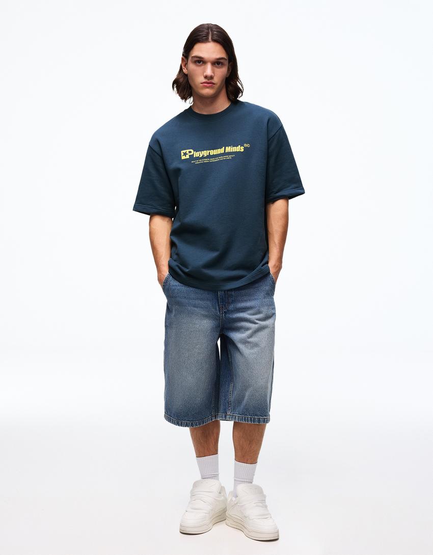 Printed short sleeve plush T-shirt-Blue