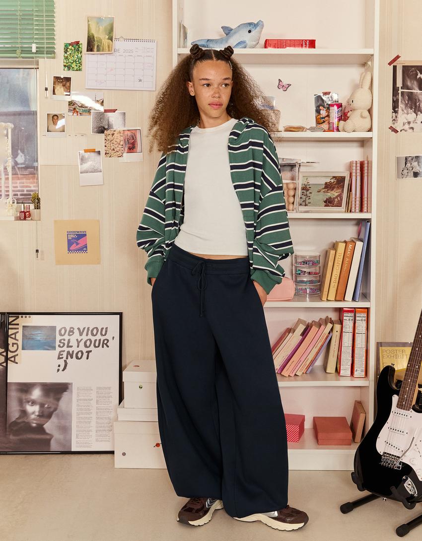 Plush barrel trousers with stoppers-Navy