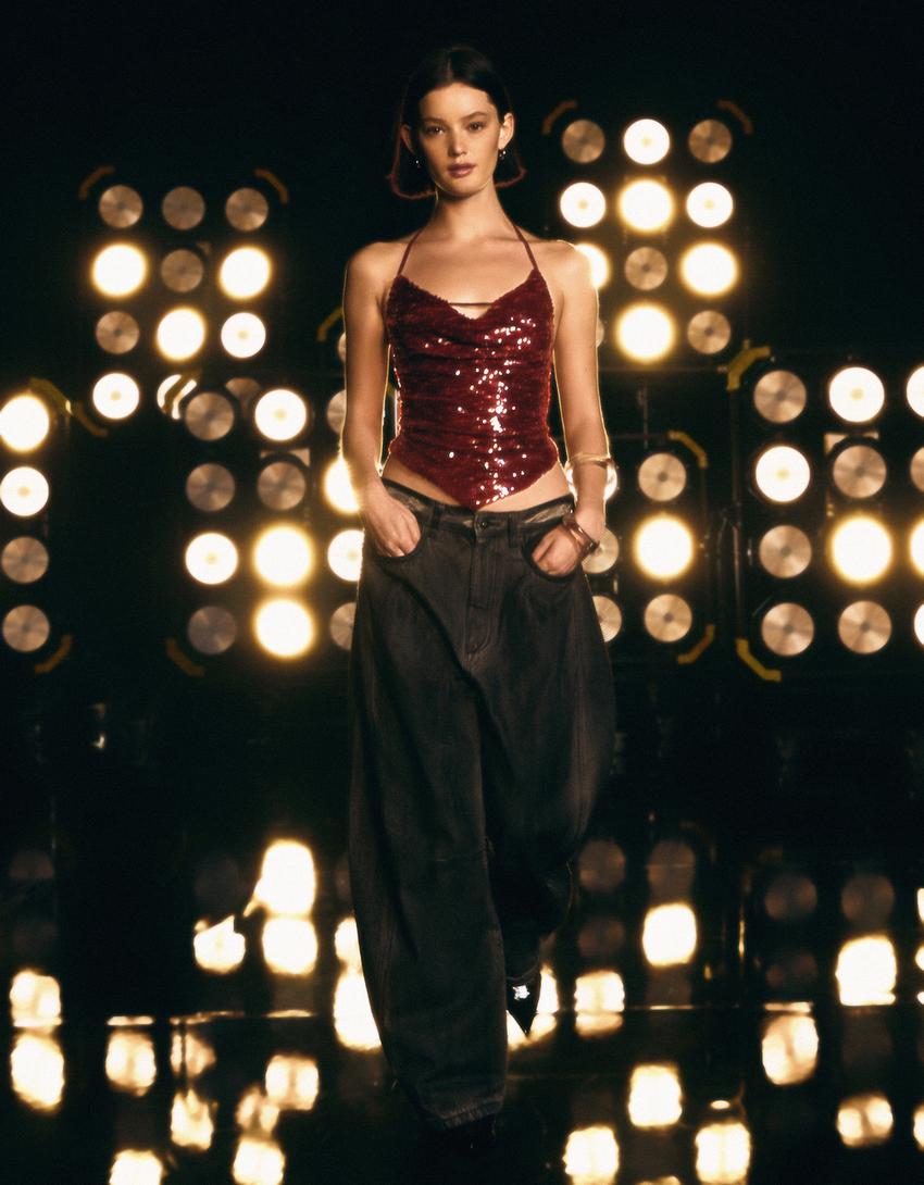 Top halter drappeggiato paillettes-Rosso