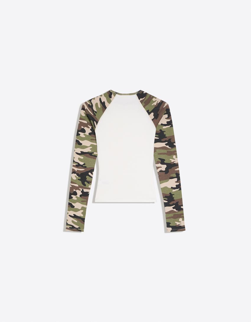 Printed long sleeve raglan T-shirt-Khaki