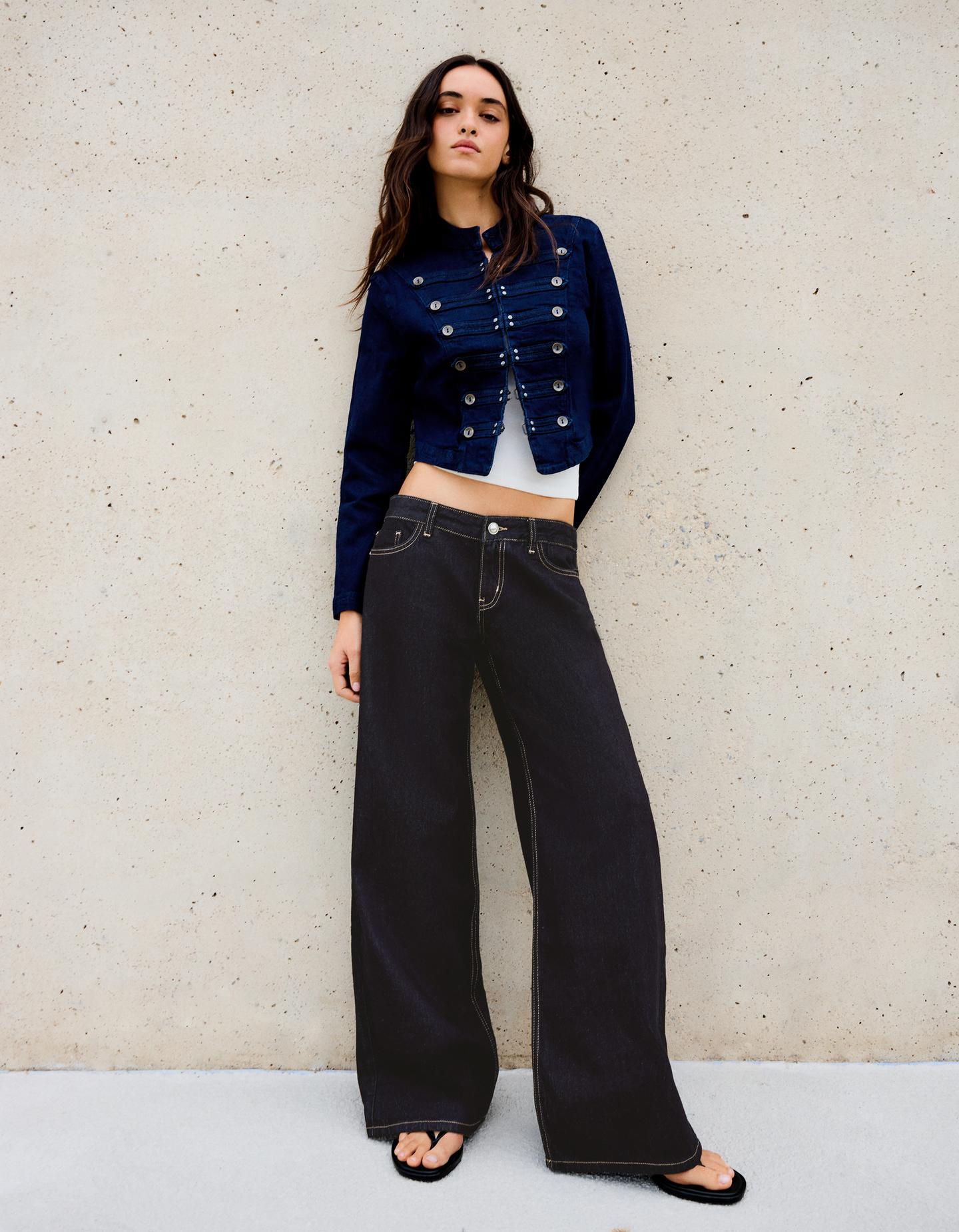 Bershka Jeans A Gamba Larga A Vita Bassa Donna 48 (Eur 44) Marino
