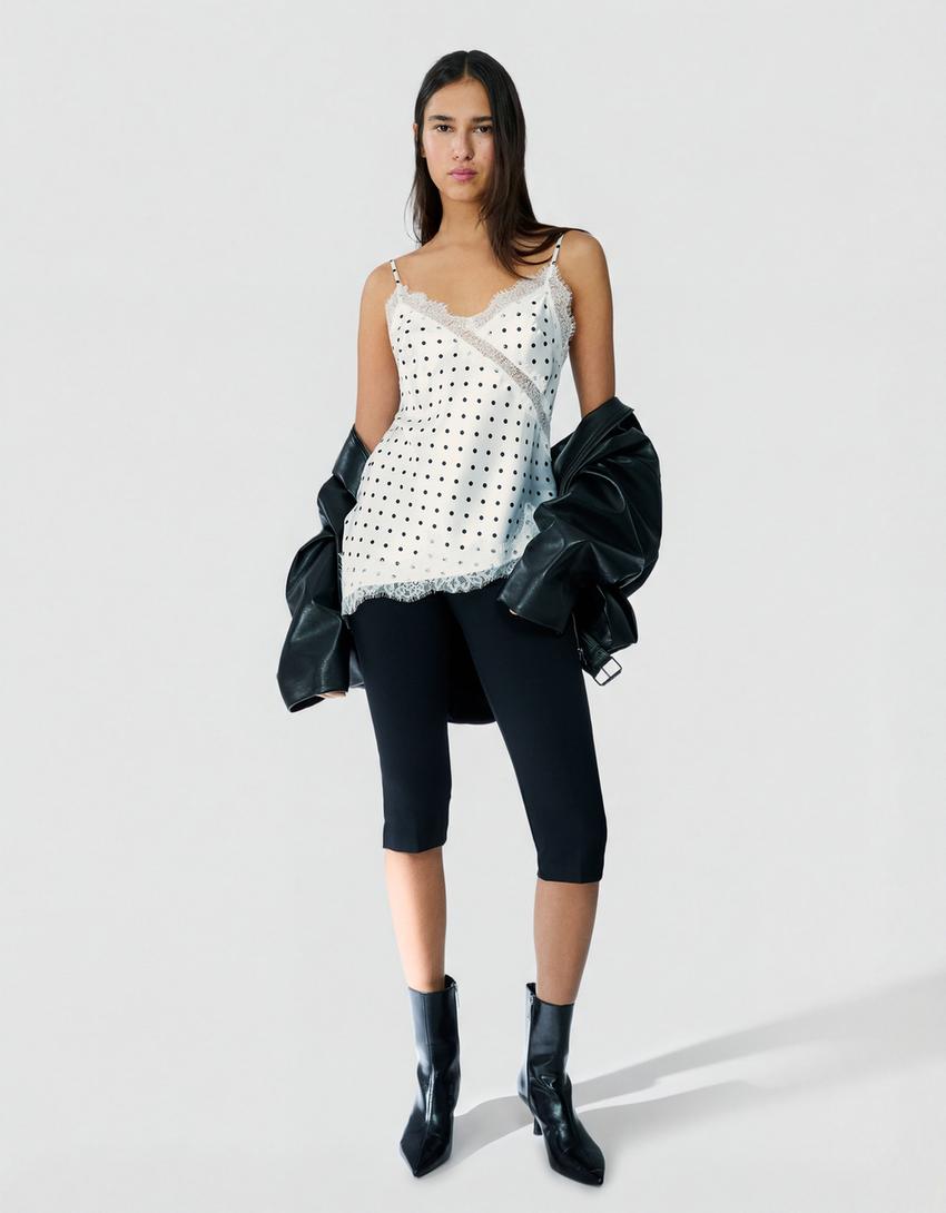 Asymmetric satin strappy top-White / Black