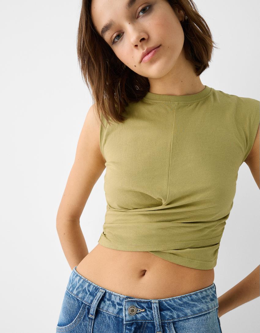 Sleeveless T-shirt with crossover front-Green-3