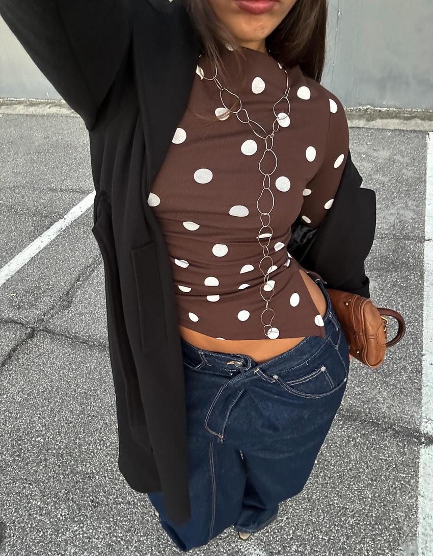 Asimetrik uzun kollu tişört-Kahverengi