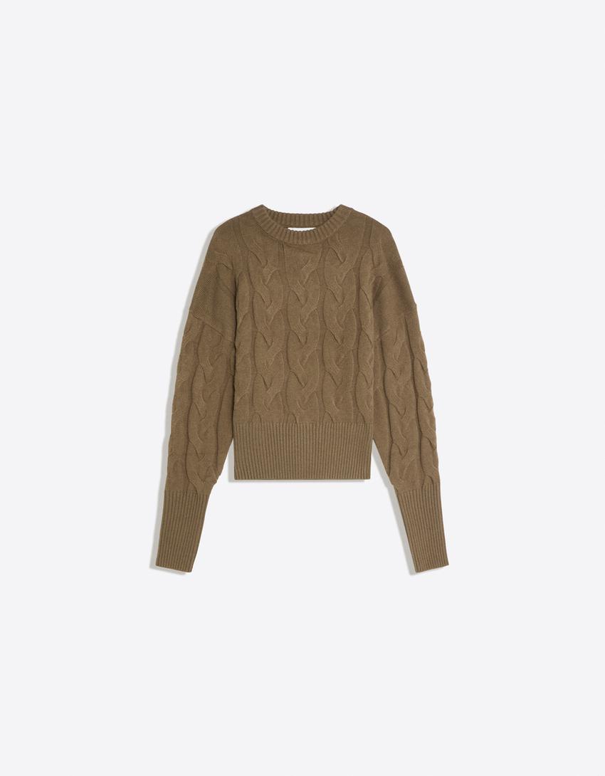 Cable-knit crew neck sweater-Khaki