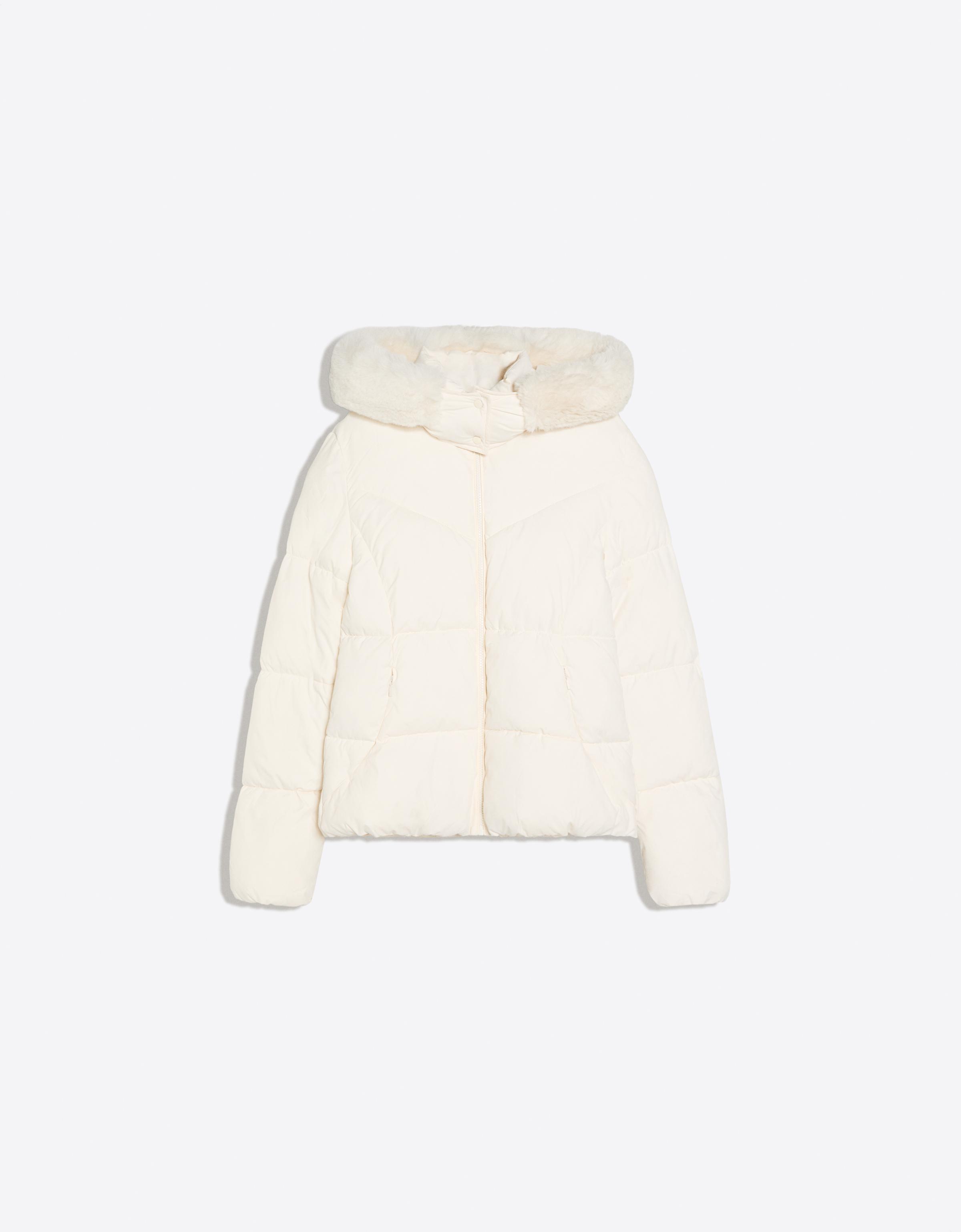 Bershka Cazadora Acolchada Capucha Pelo Mujer Crudo