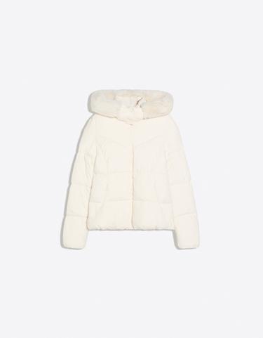 Puffer jacket with faux fur hood — Cream 5