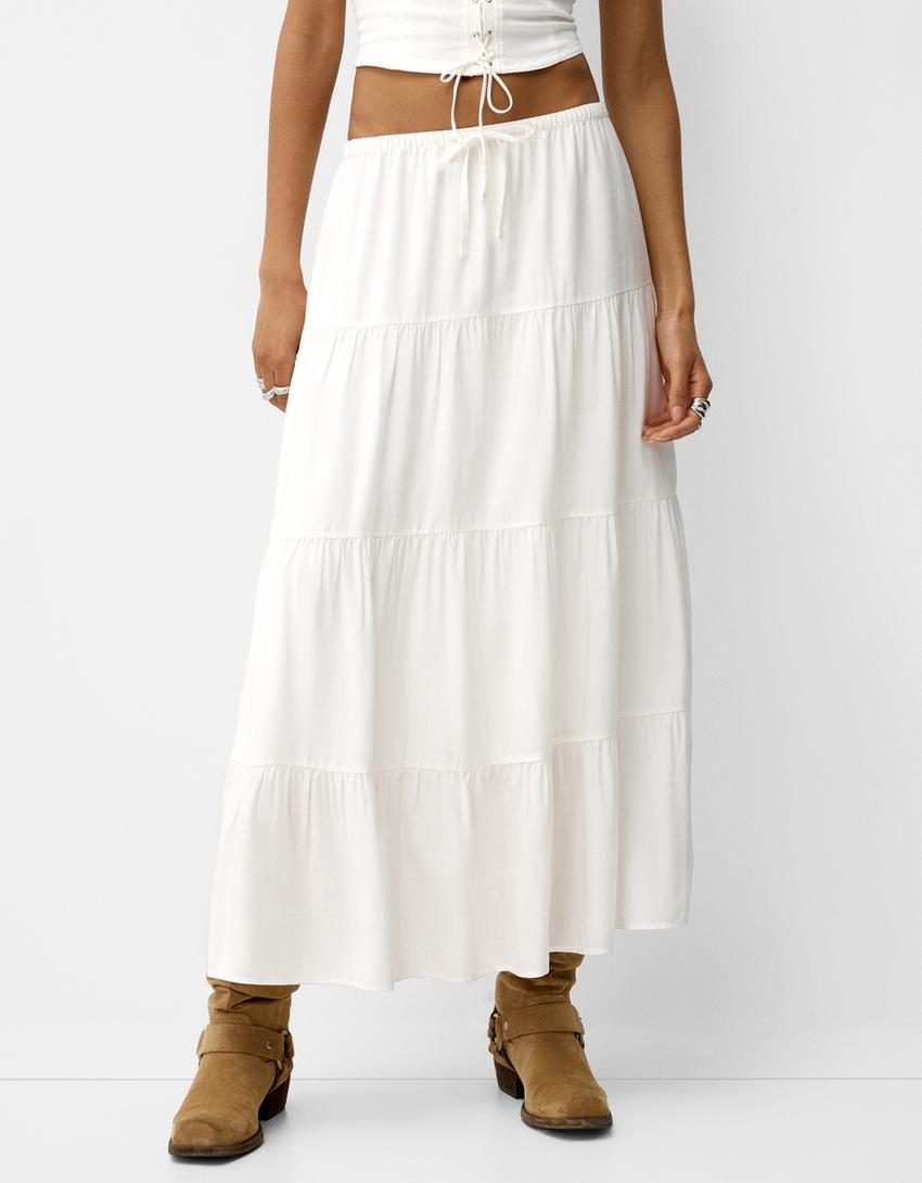 Vestido midi com elástico na cintura-Branco-1