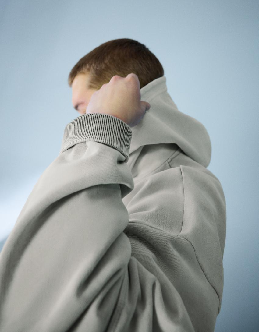 Boxy fit kapüşonlu yıkamalı sweatshirt-Gri