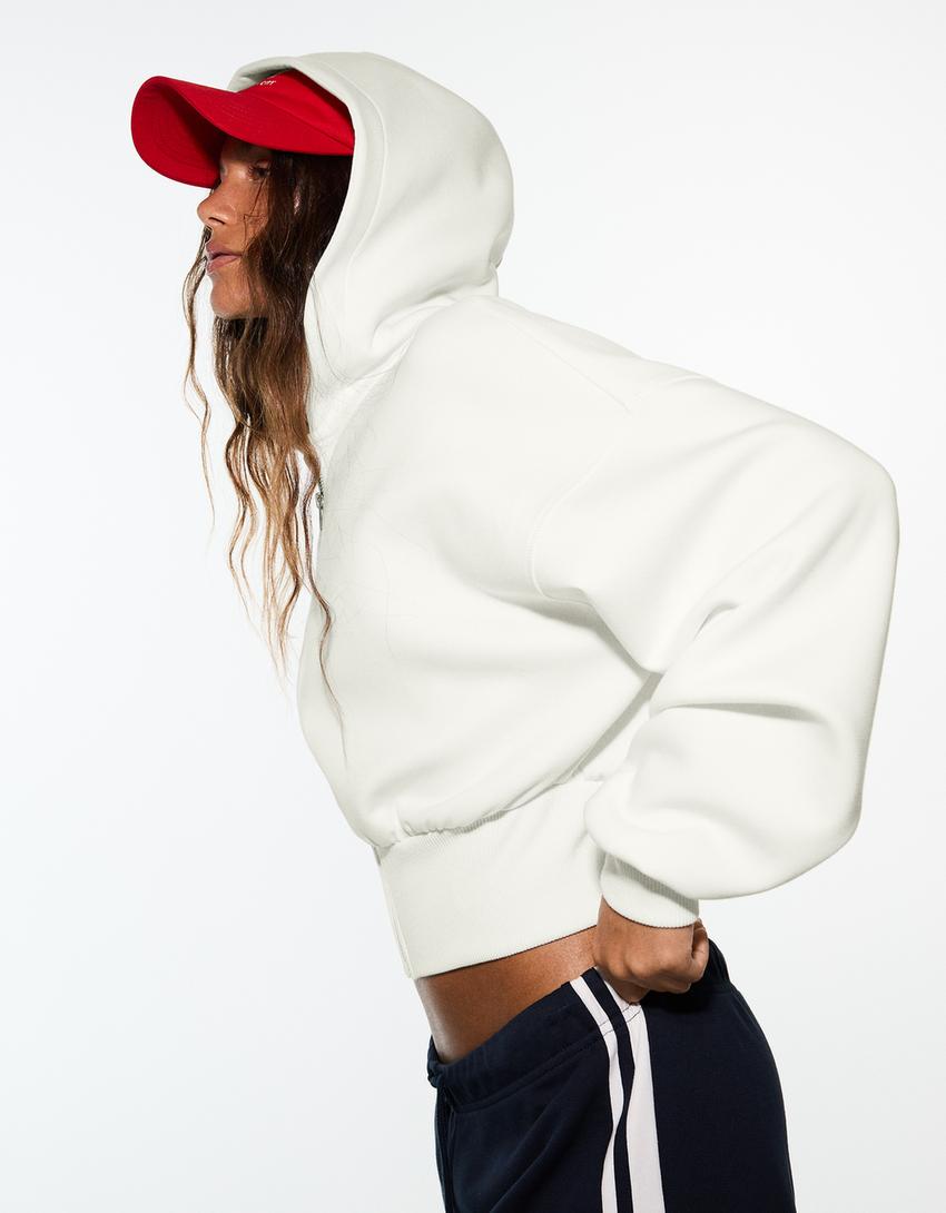Fermuarlı kapüşonlu sweatshirt-Krem