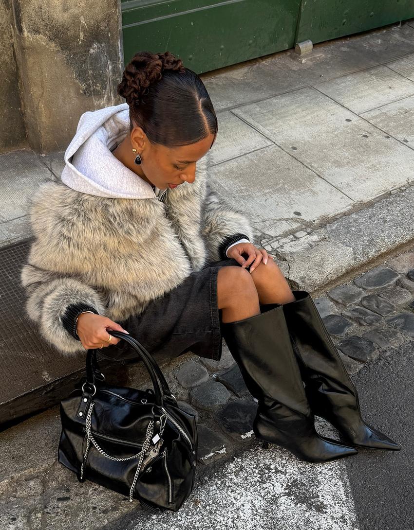 Zip-up faux fur jacket-Grey