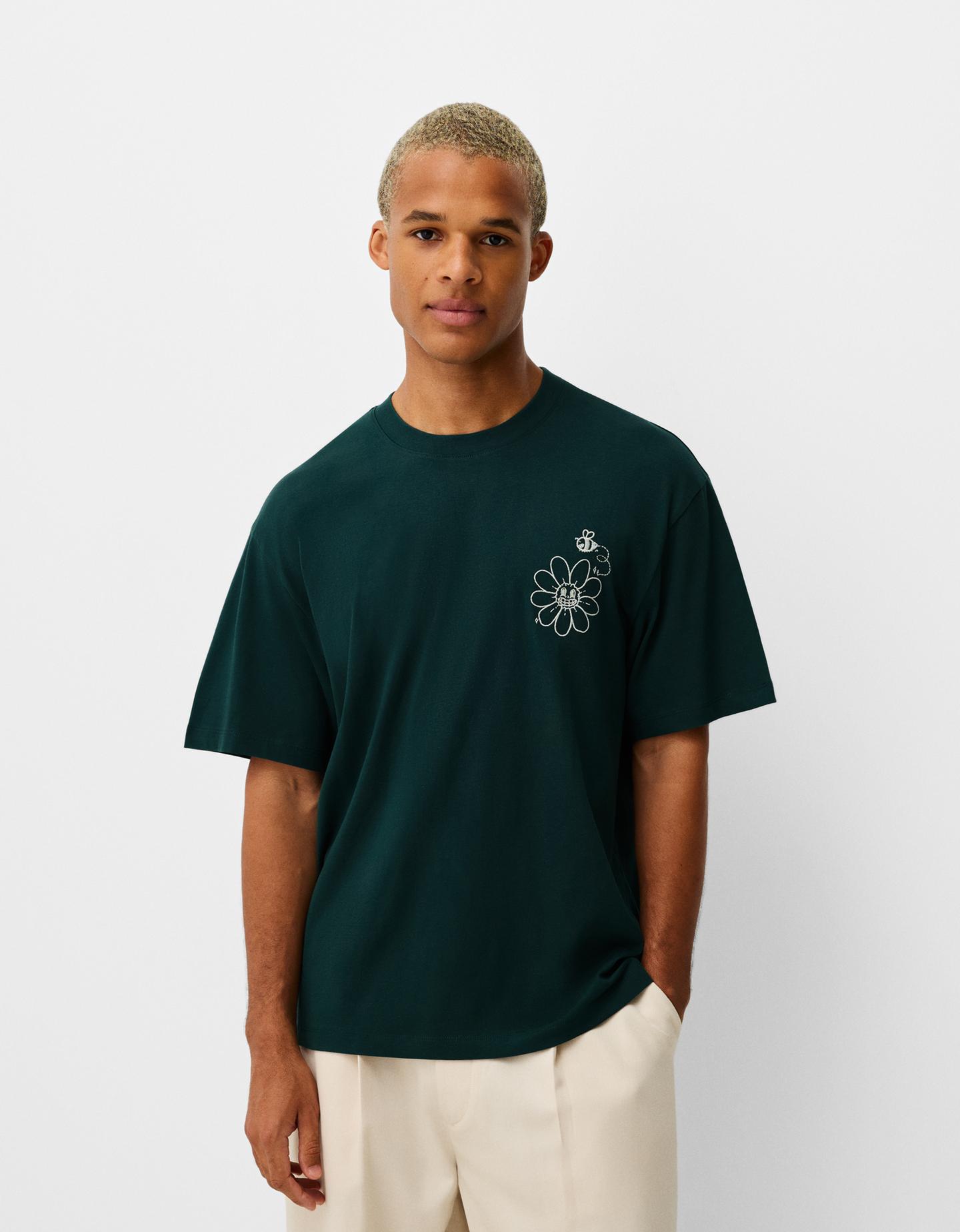 Bershka Maglietta A Maniche Corte Boxy Fit Stampata Uomo Xl Verde