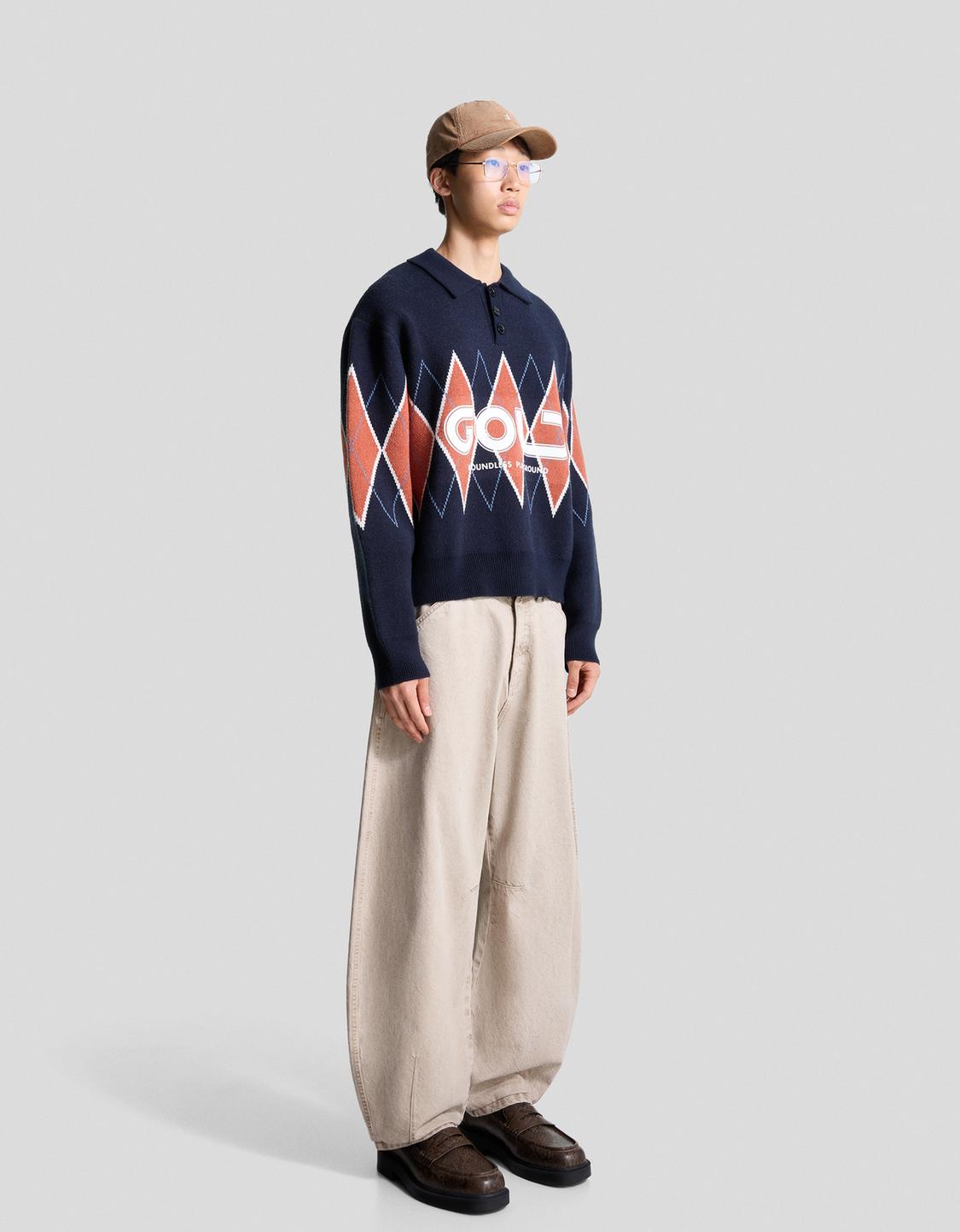 Printed polo collar sweater