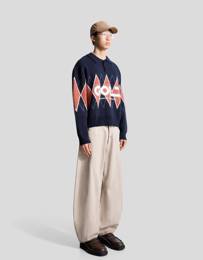 Sweater med polokrave og print-Marineblå