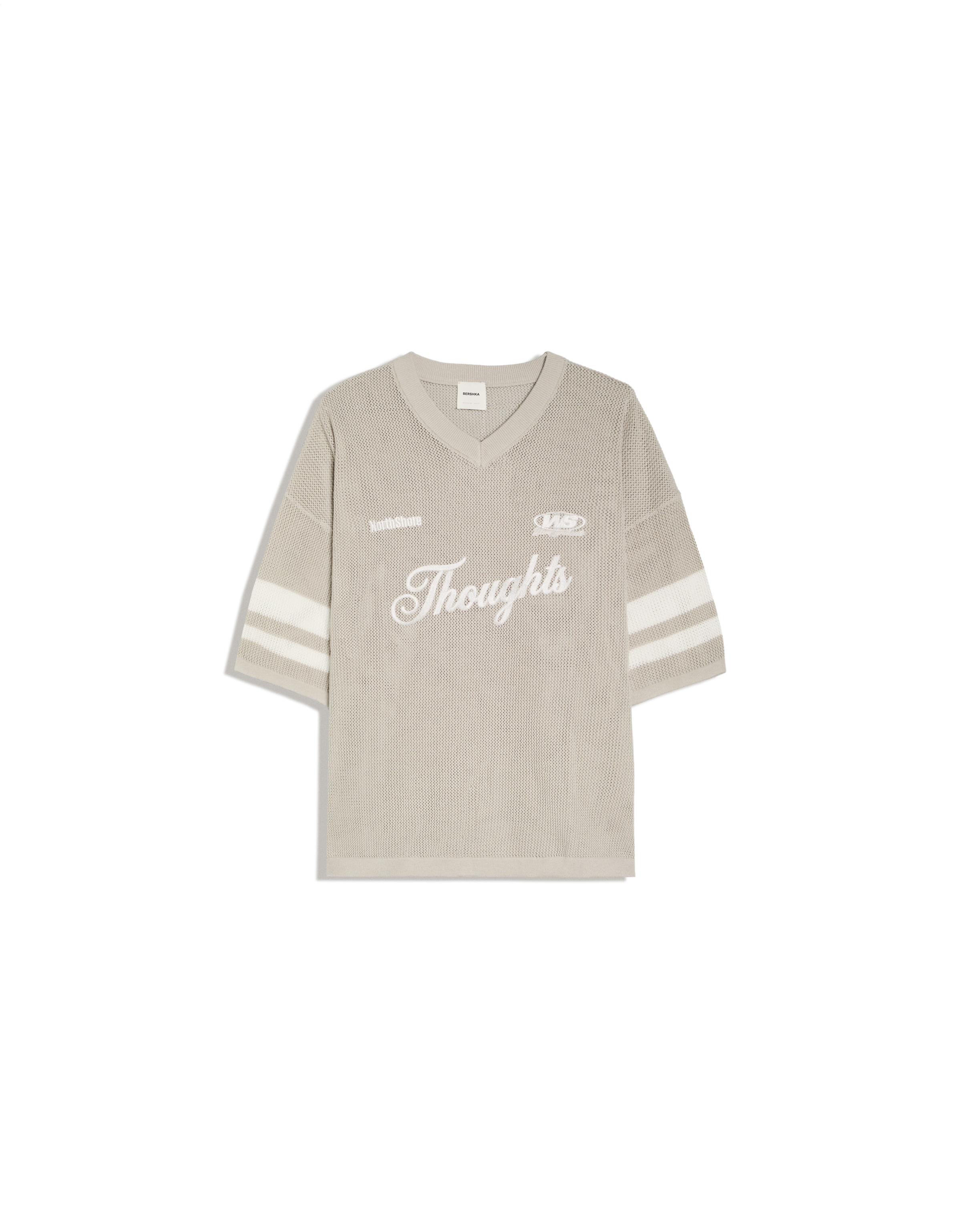 Embroidered mesh V-neck T-shirt — Grey
