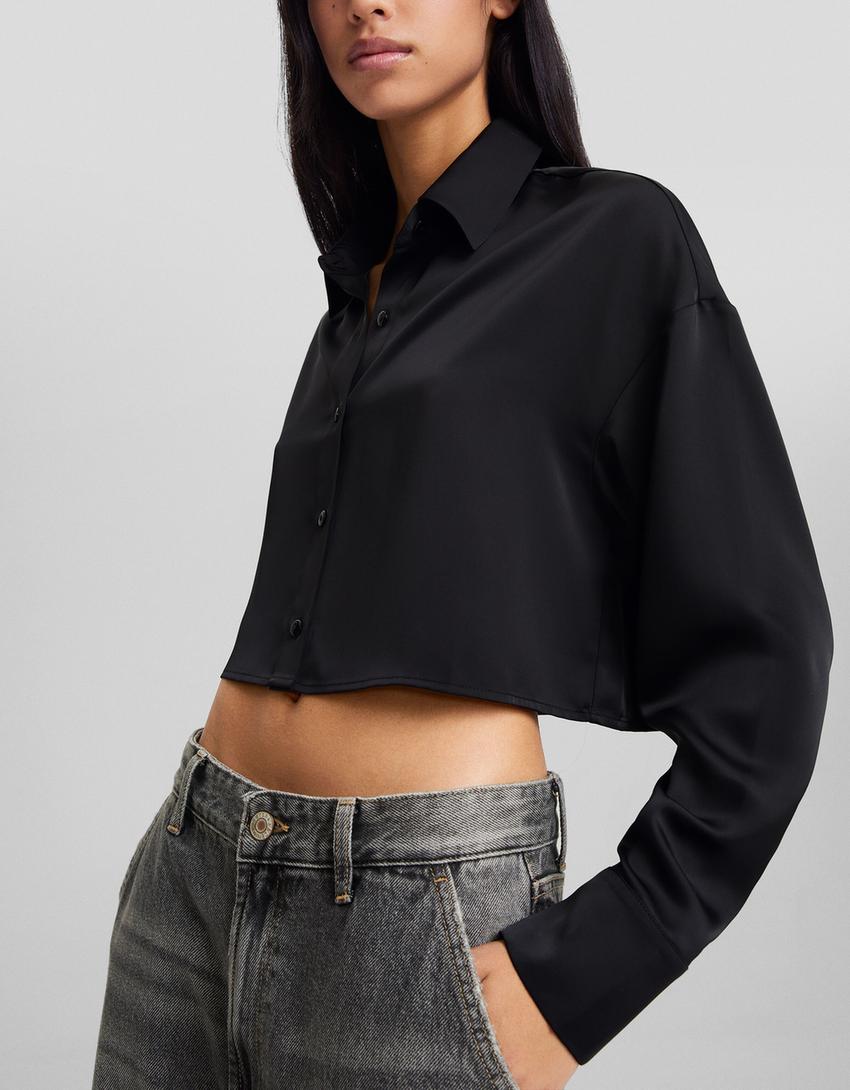 Satin long sleeve cropped shirt-Black-2