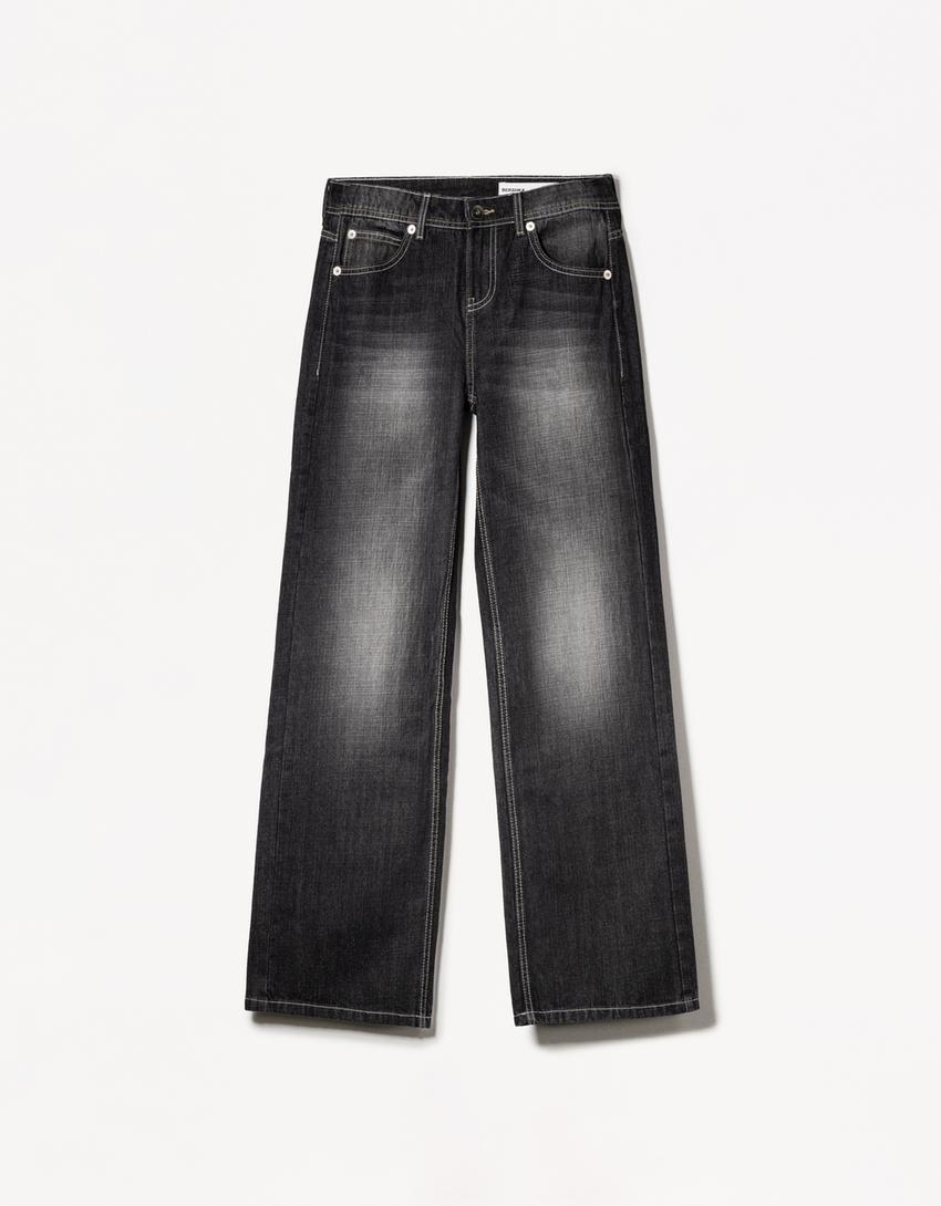 Low waist baggy jean-Koyu gri-3