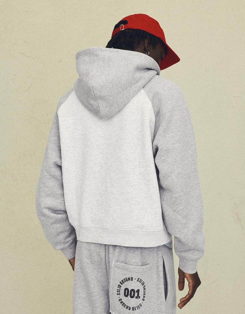Felpa cappuccio raglan stampa-Grigio