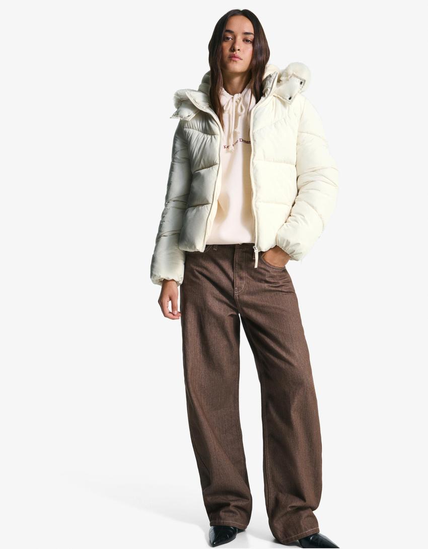 Puffer jacket with faux fur hood-Sand-0