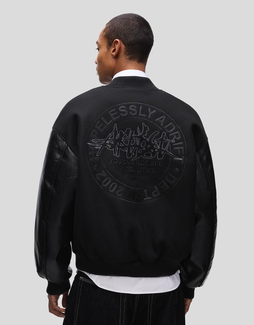 Cloth jacket with leather effect sleeves-Black