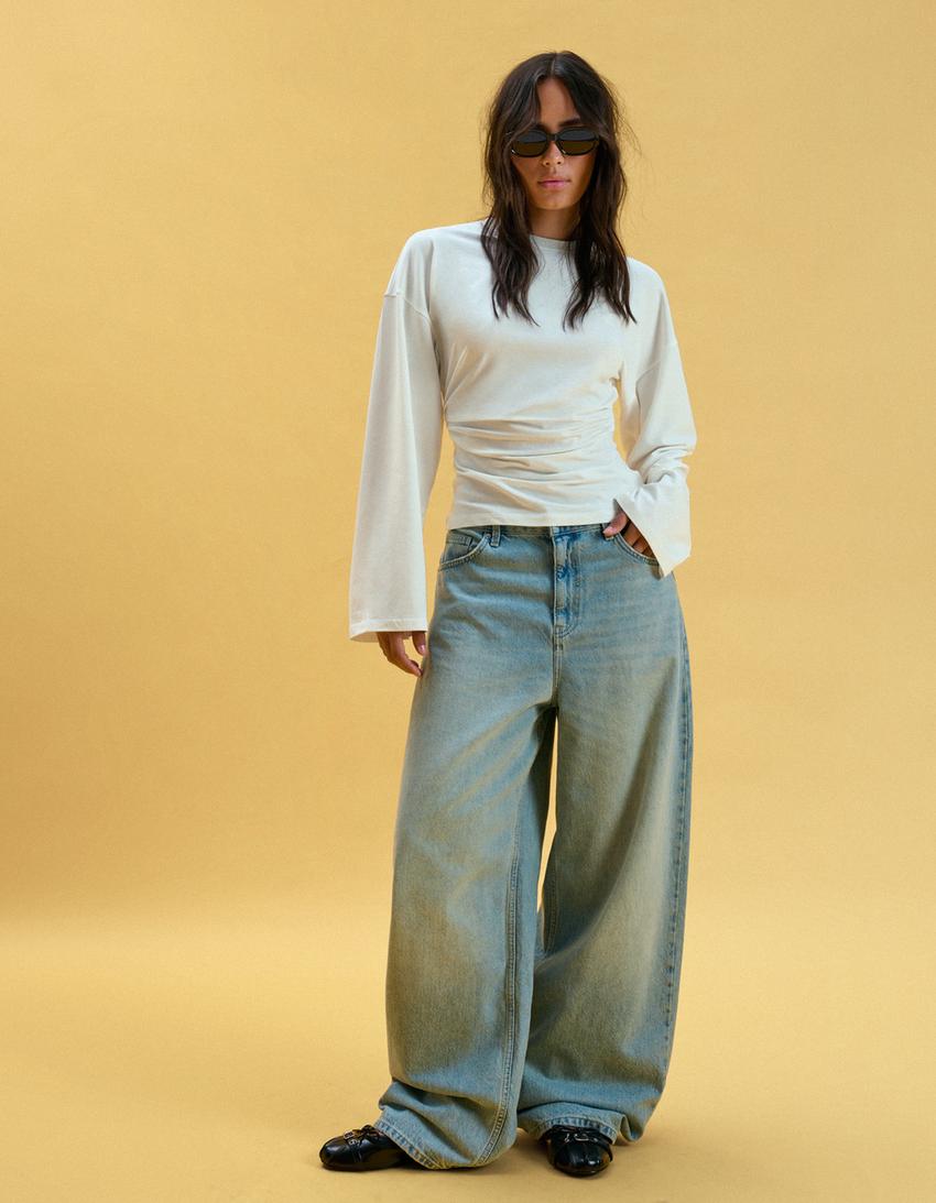 Long sleeve gathered T-shirt-Off white