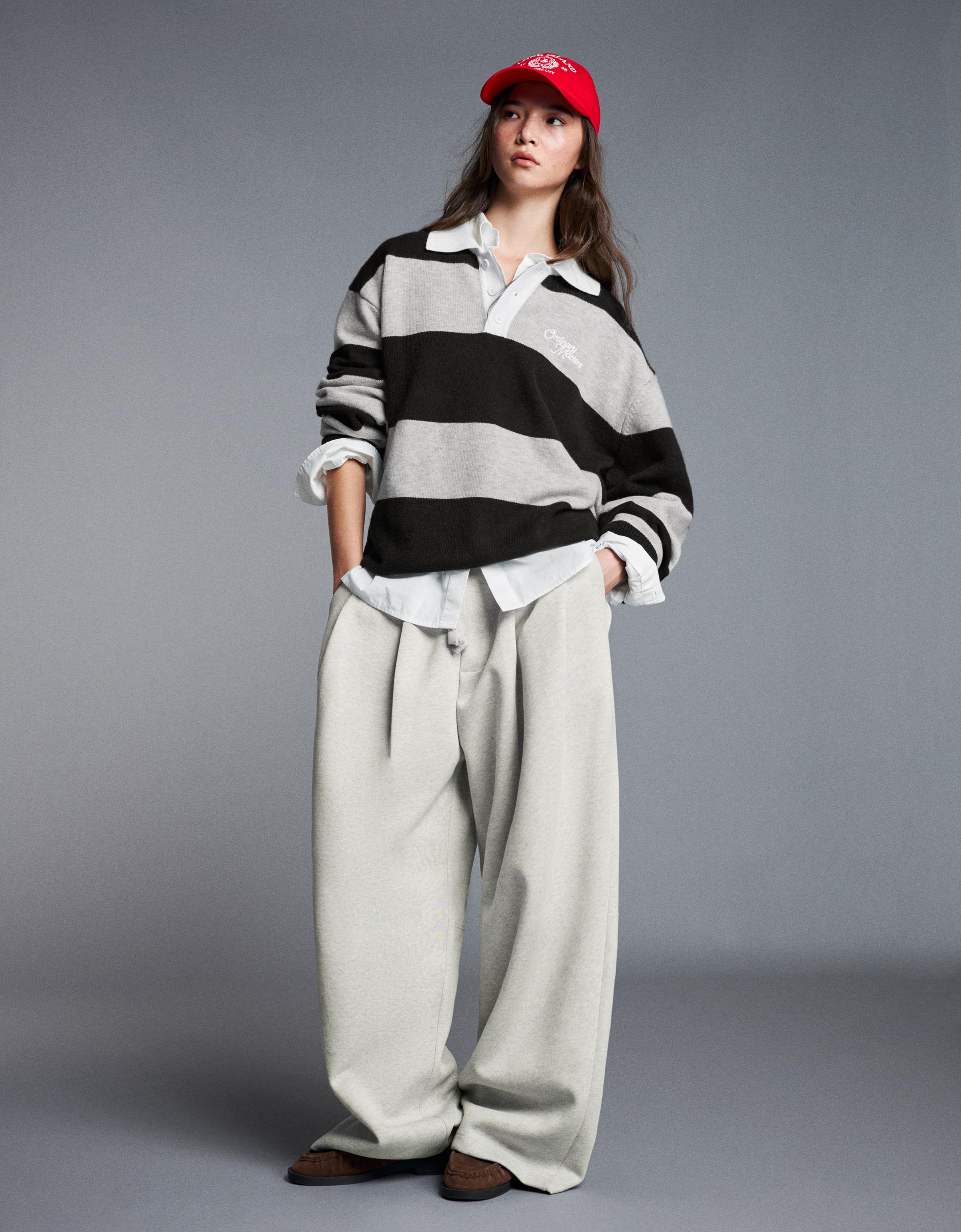 Contrast stripe polo collar jumper — Navy