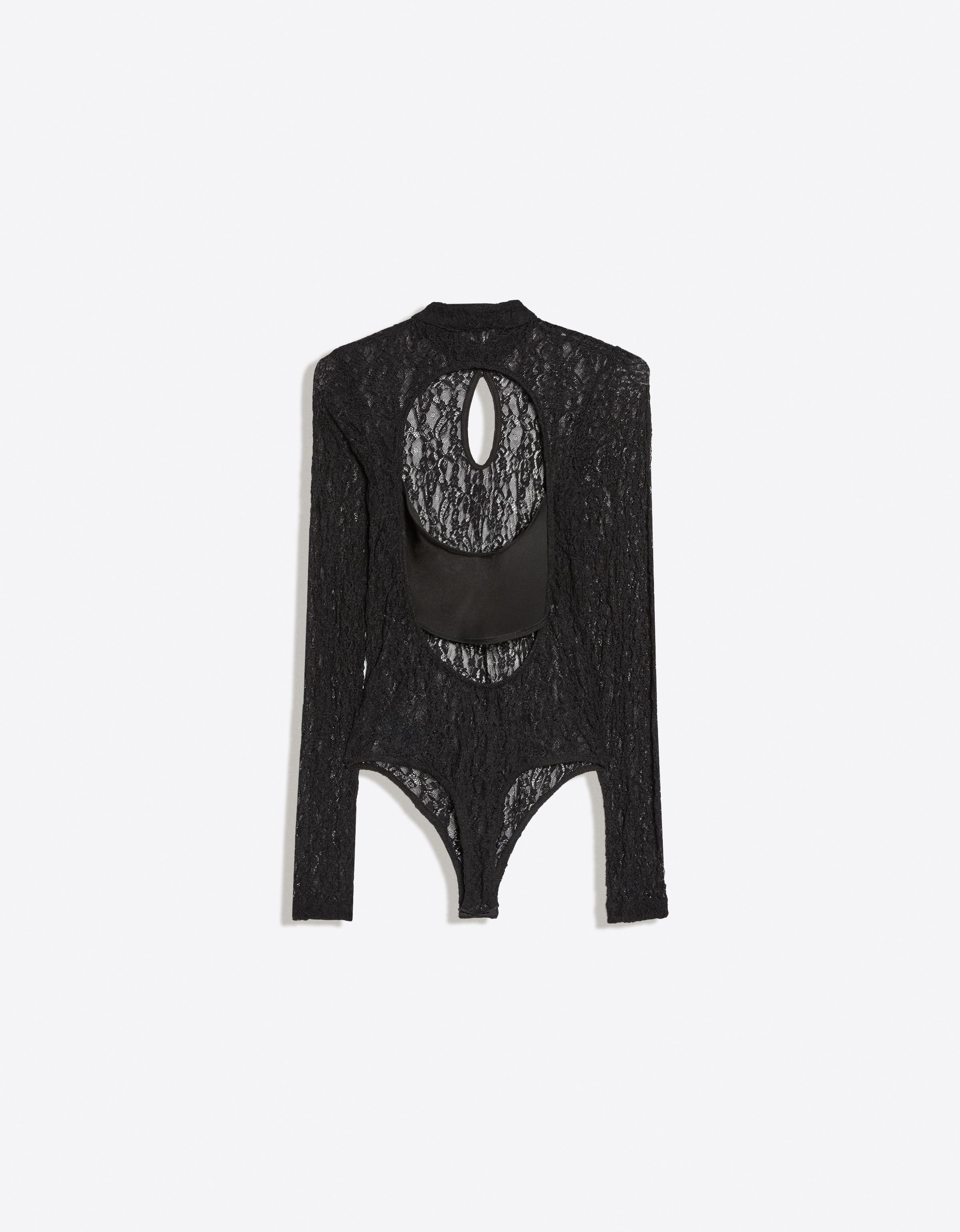 Long sleeve lace bodysuit with split neckline — Black