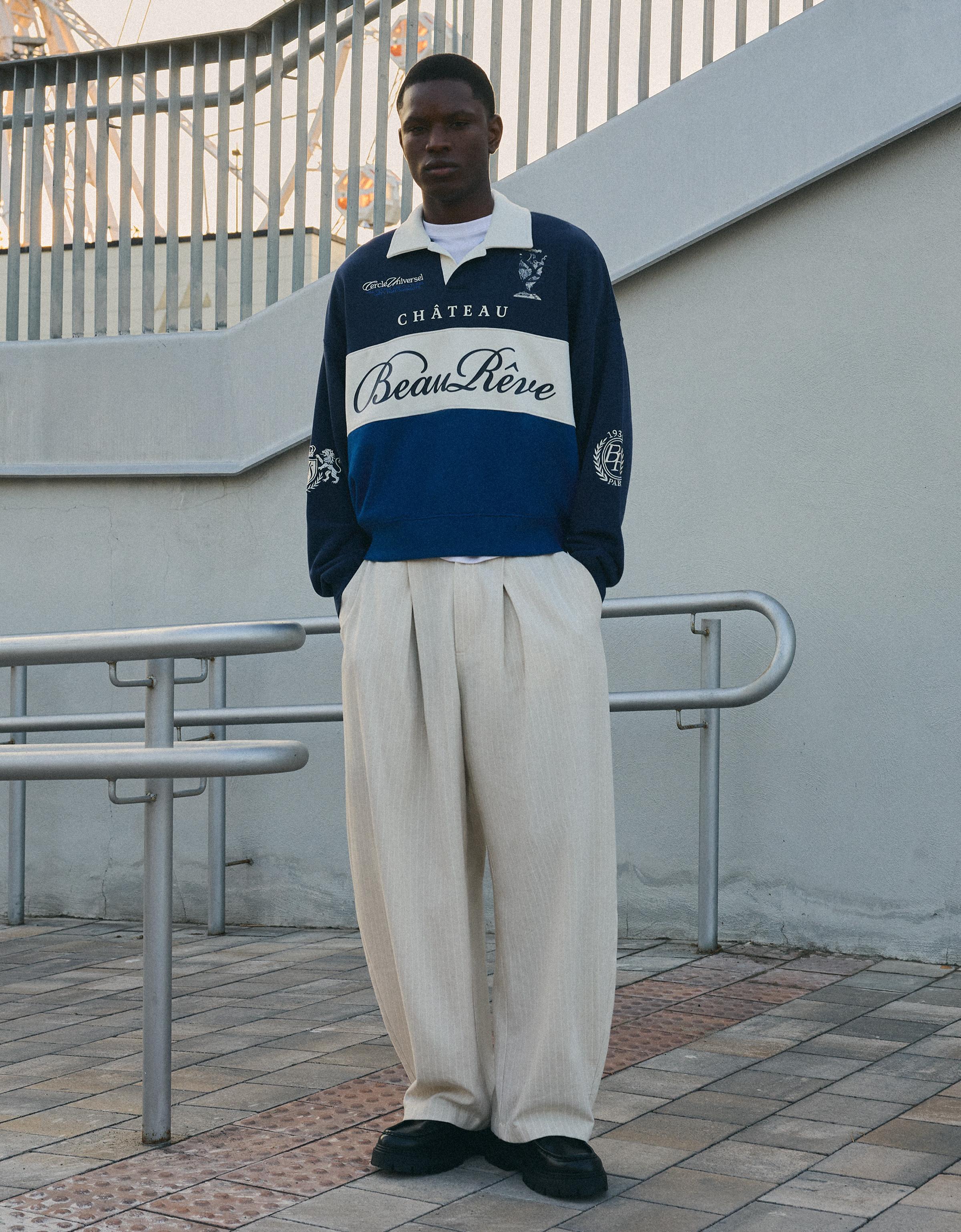 Contrast collar print polo shirt — Blue