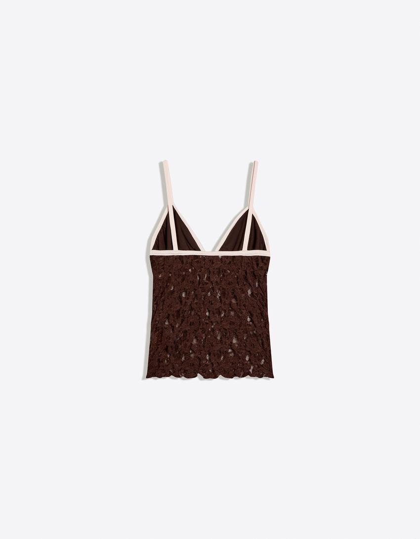 Lace bow strappy top-Brown
