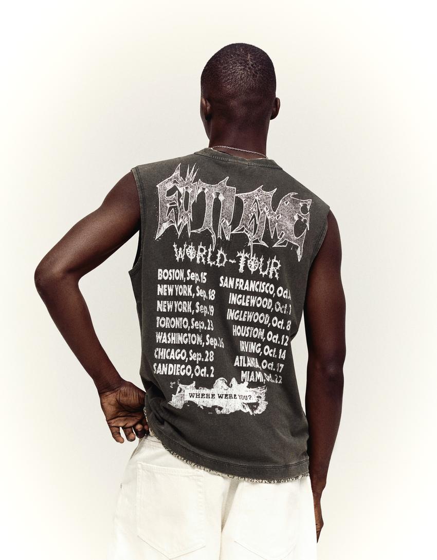 Faded effect worker print T-shirt-Black