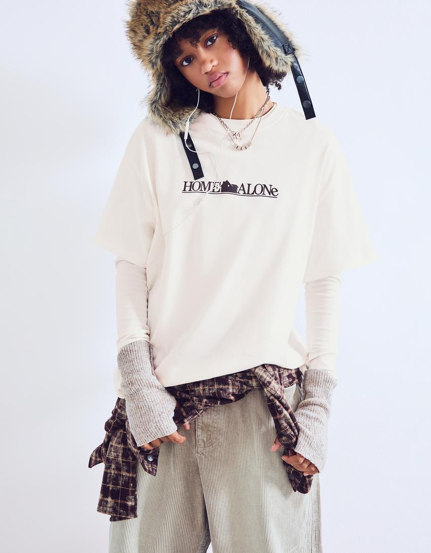 Tricou Home Alone mânecă scurtă oversize print-Alb murdar