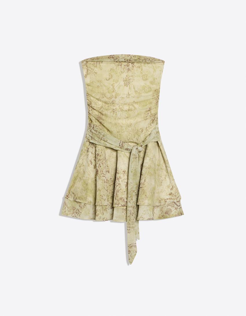 Mini bandeau dress with printed belt-Khaki