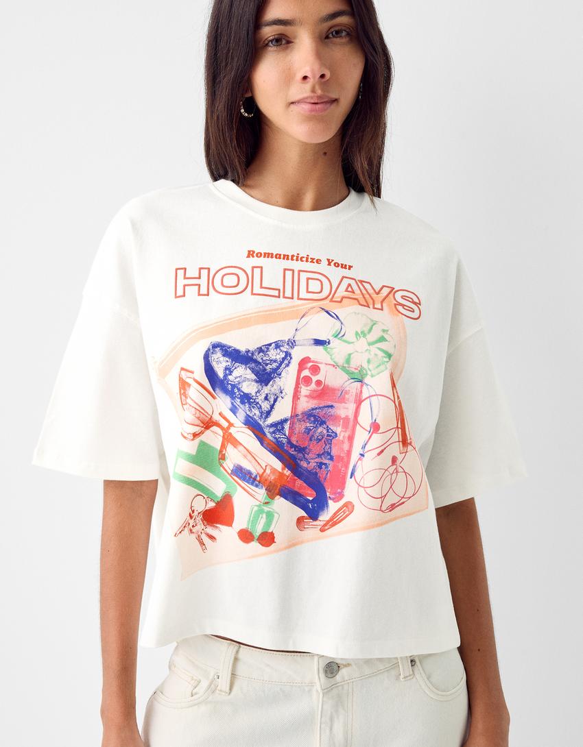 تيشرت بأكمام قصيرة وطبعة-أبيض مطفي-2