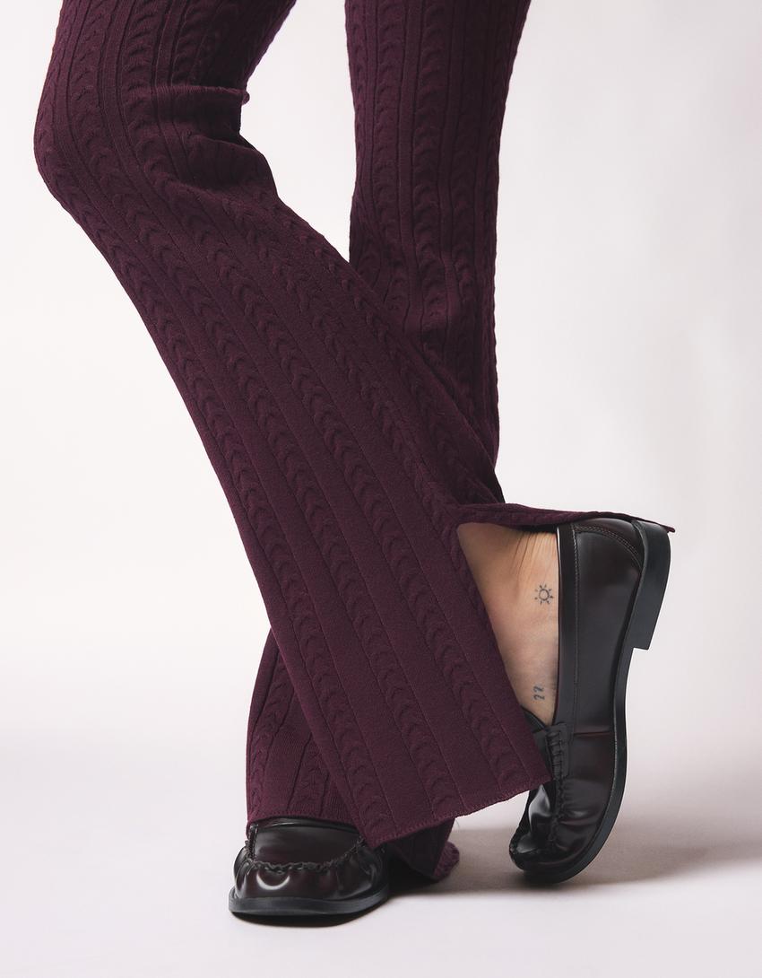 Örgü detaylı flare pantolon-Bordo