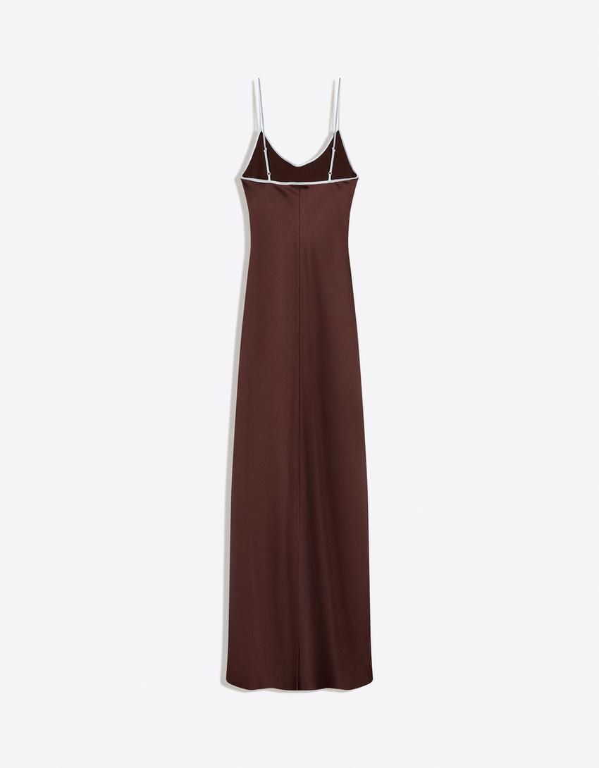 Sateen strappy midi dress-Brown