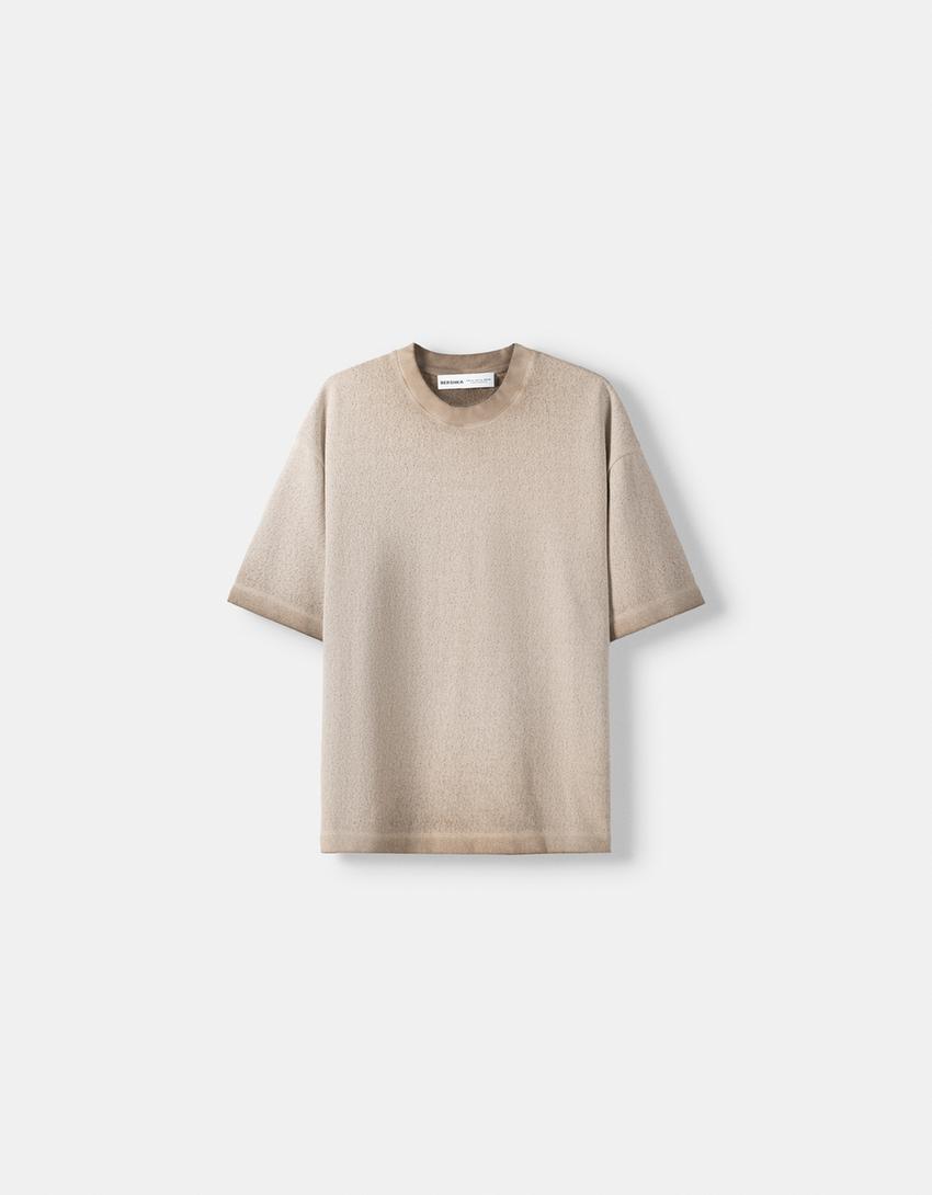 T-shirt de manga curta em efeito lavado-Caramelo-4