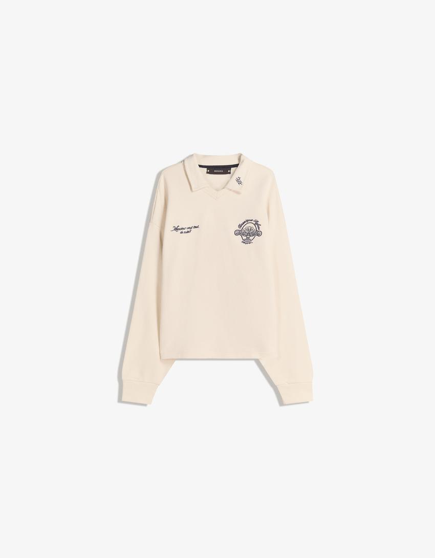 Long sleeve printed polo shirt-Cream