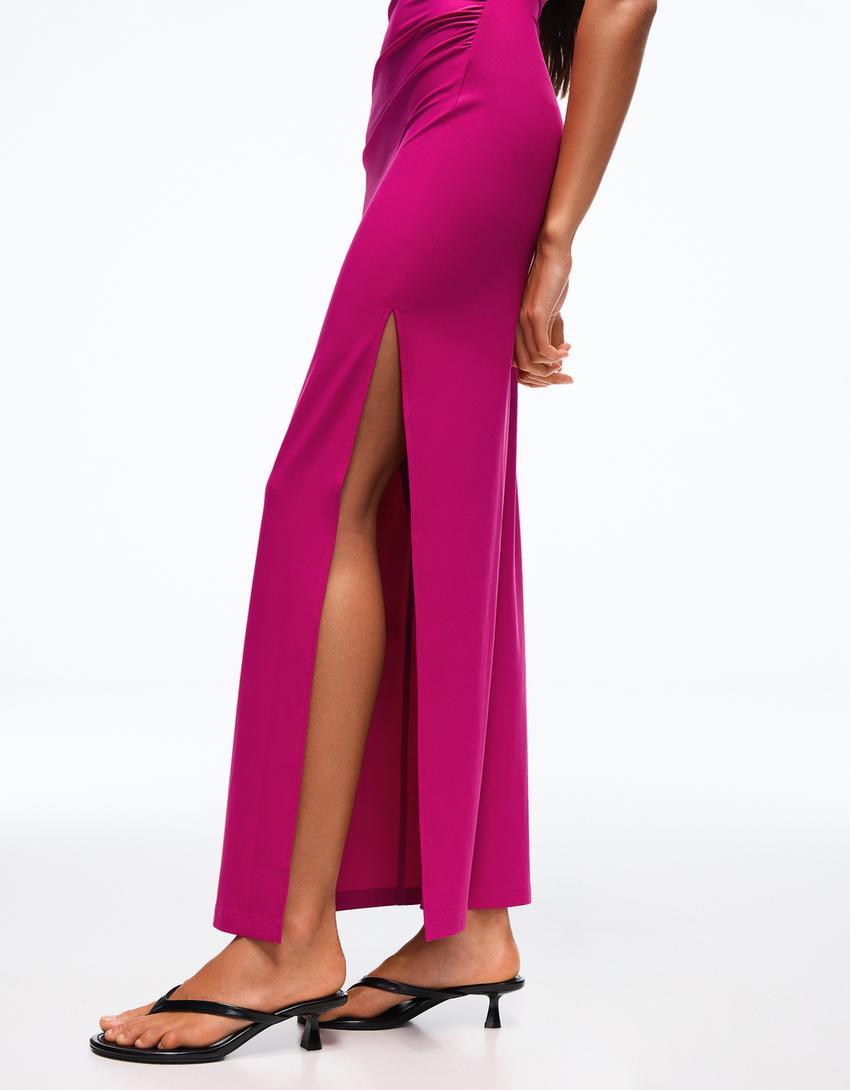Vestido midi tirantes fruncido-Fucsia