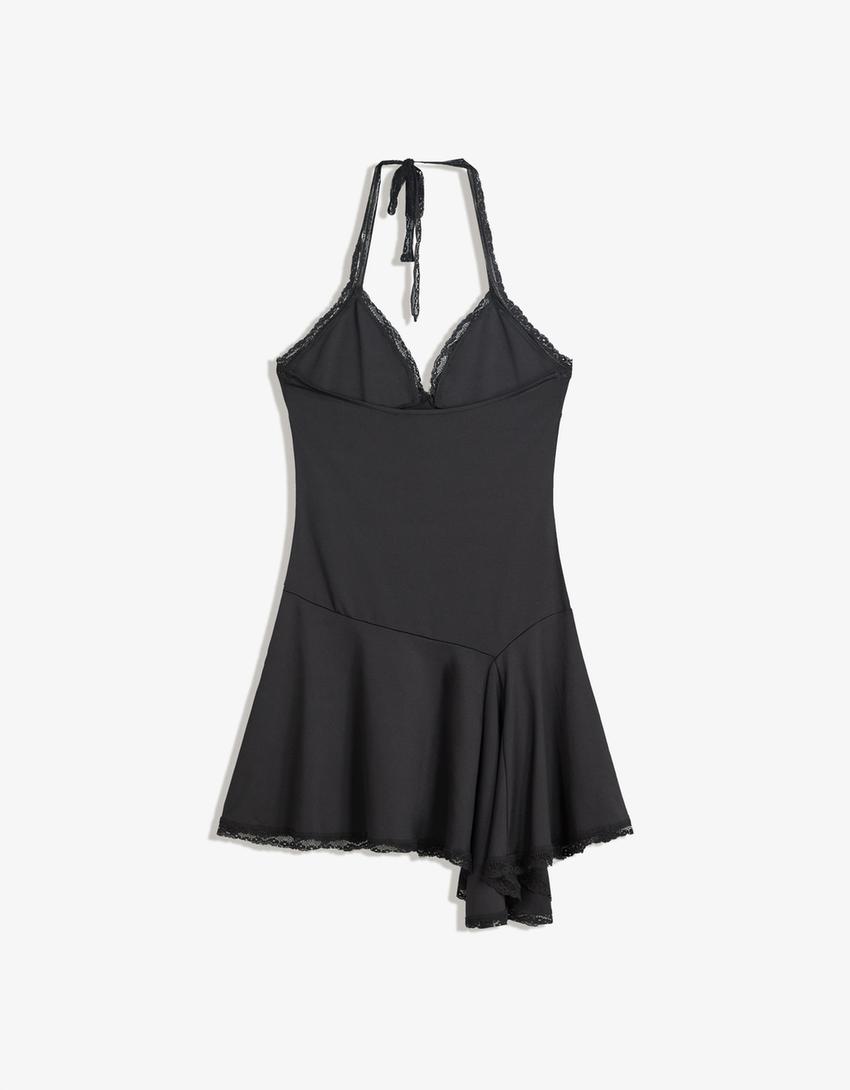Strappy lace mini dress-Black-4