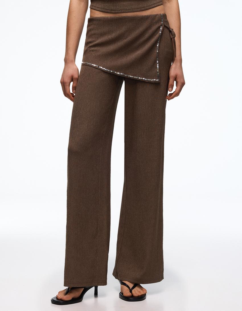 Pantalón con sobre falda lentejuelas-Marrón
