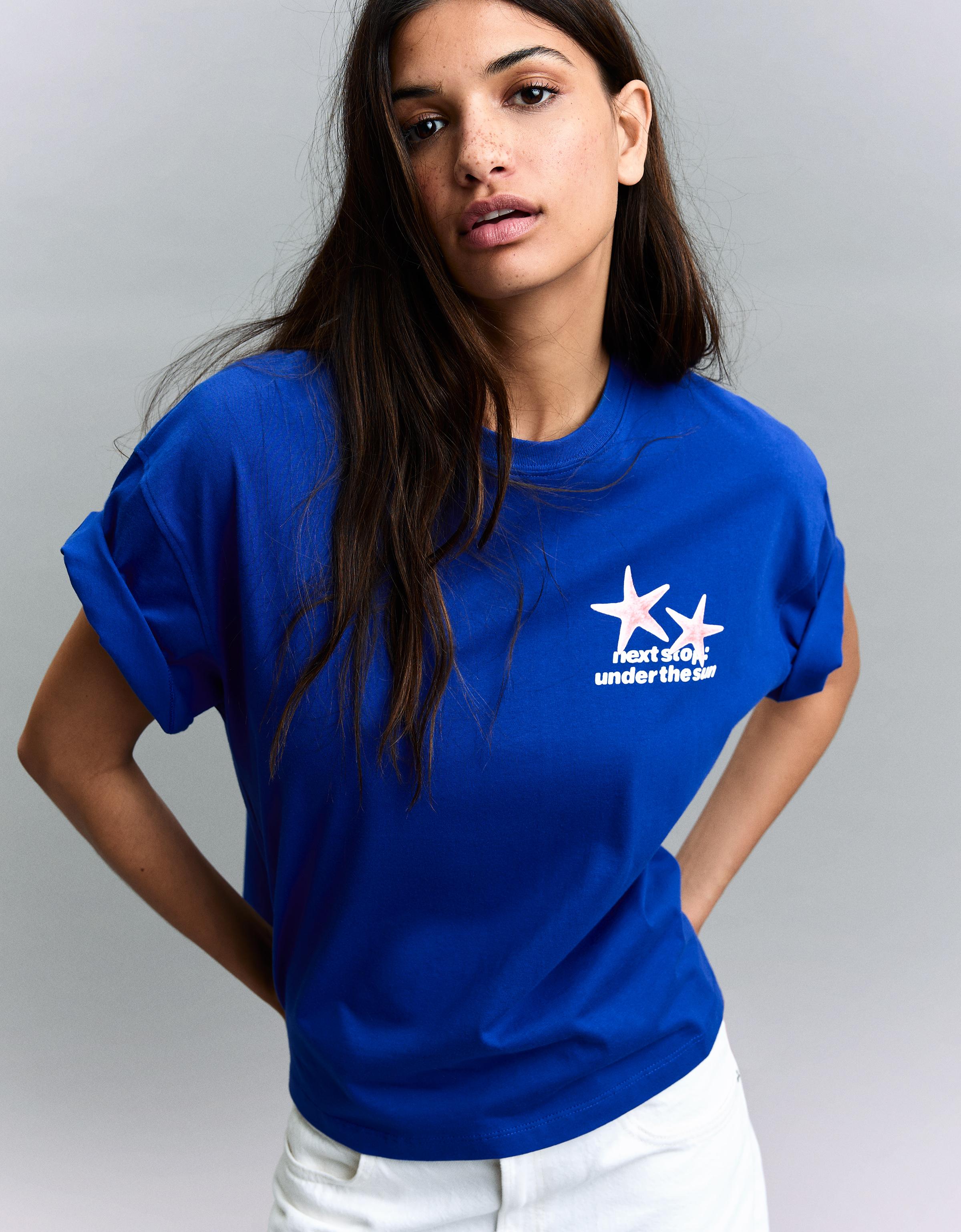 Camiseta Manga Corta Oversize Print Mujer Xs Azul