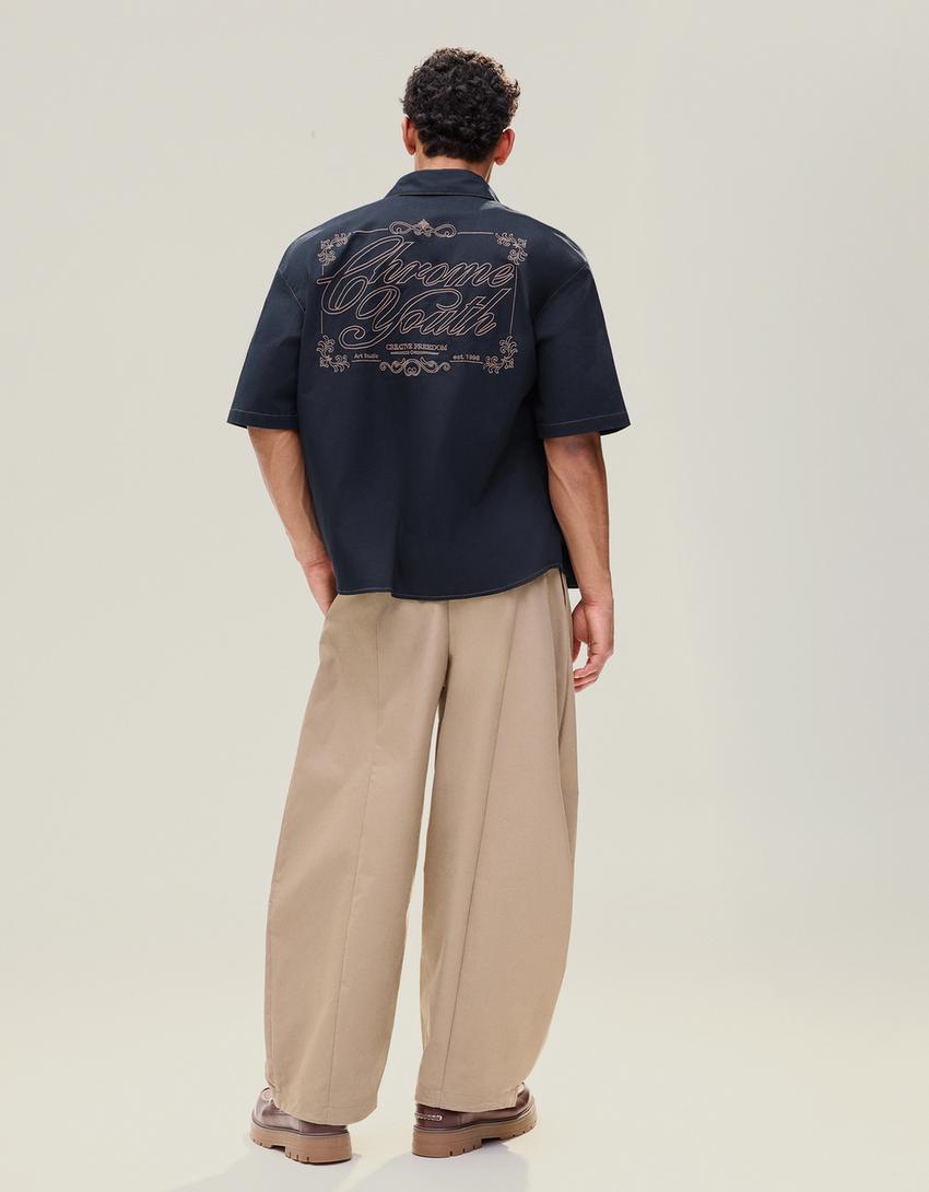 Oversize embroidered short sleeve shirt-Navy