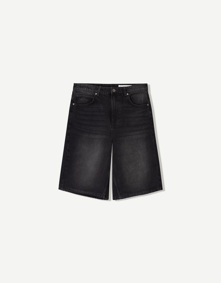 Baggy denim Bermuda shorts-Black-0