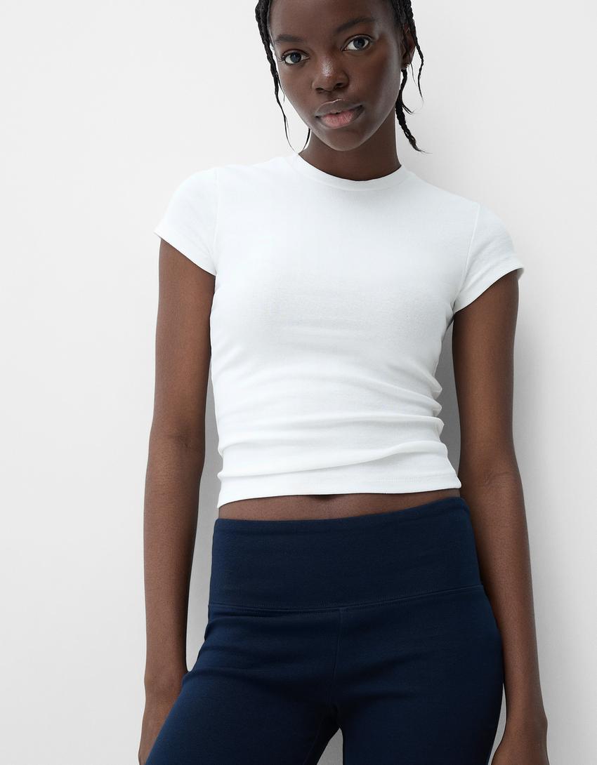 T-shirt met ronde hals en korte mouw-Gebroken Wit