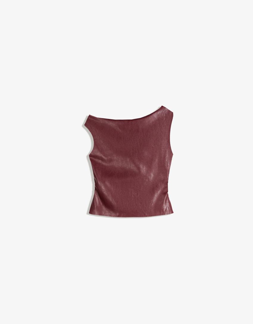 Asymmetric leather effect top-Maroon