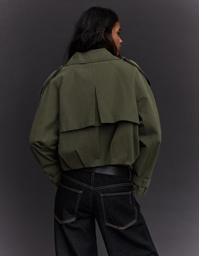 Kurze Trenchjacke mit Puffärmeln-Khaki